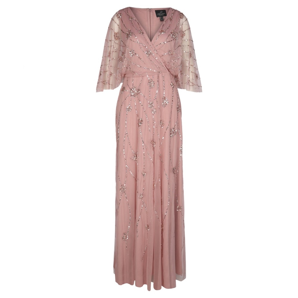Adrianna Papell Size 0 NWT Blush Floral Beaded Gown V-Neck Flutter Short Sleeve